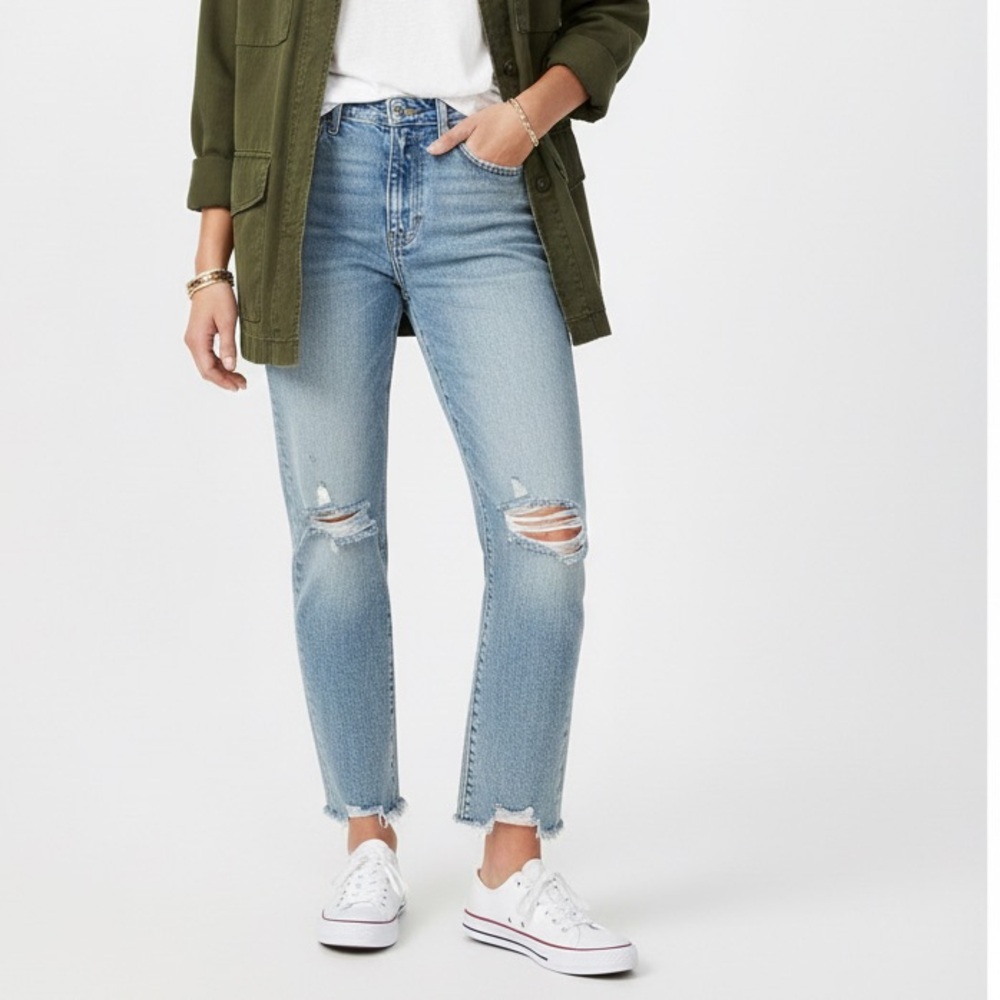 Good American Light Wash Straight Leg Distressed Jeans